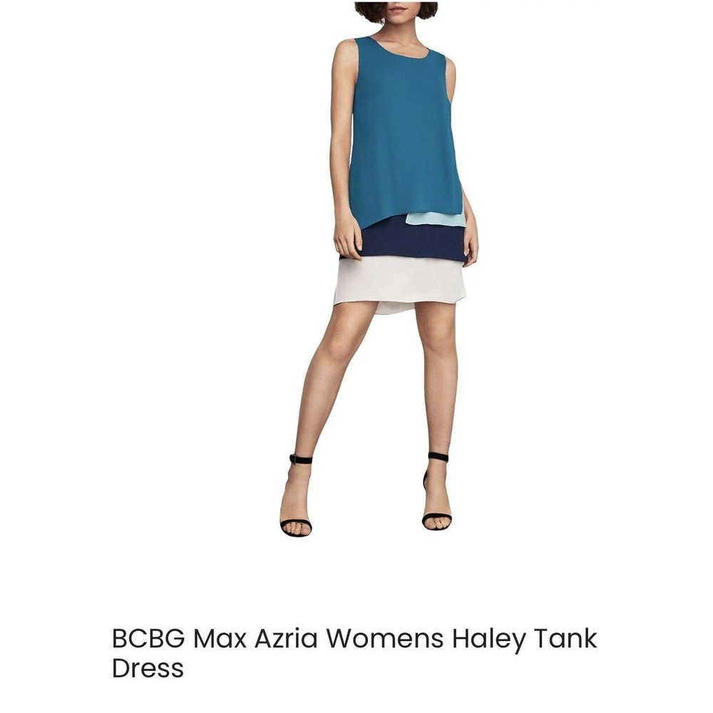 BCBGMAXAZRIA Womens Haley Tank Blue White Colorblock Tiered Dress Size 8 - Picture 2 of 9
